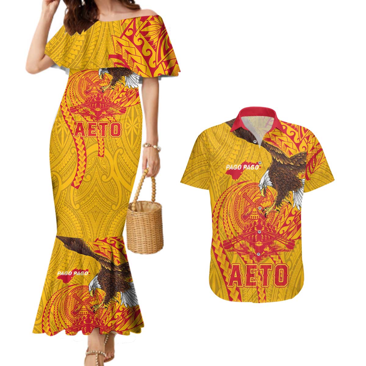 Personalized American Samoa Fautasi Race Couples Matching Mermaid Dress and Hawaiian Shirt Aeto Pago Pago with Eagle Samoan Tribal Patterns LT03 Multicolor - Polynesian Pride