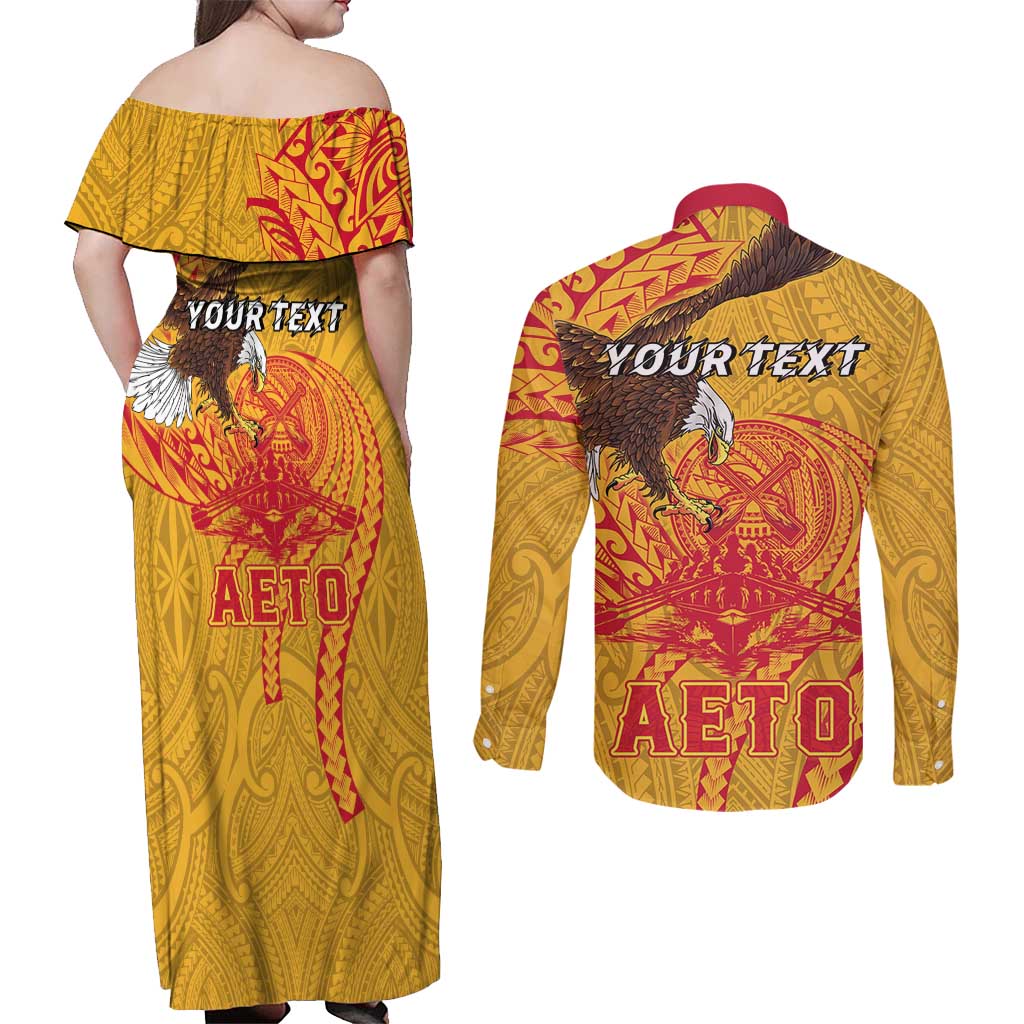 Personalized American Samoa Fautasi Race Couples Matching Off Shoulder Maxi Dress and Long Sleeve Button Shirt Aeto Pago Pago with Eagle Samoan Tribal Patterns LT03 - Polynesian Pride
