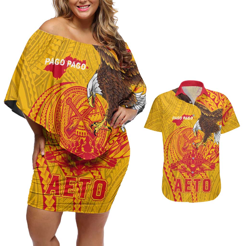 Personalized American Samoa Fautasi Race Couples Matching Off Shoulder Short Dress and Hawaiian Shirt Aeto Pago Pago with Eagle Samoan Tribal Patterns LT03 Multicolor - Polynesian Pride