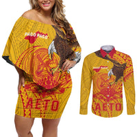 Personalized American Samoa Fautasi Race Couples Matching Off Shoulder Short Dress and Long Sleeve Button Shirt Aeto Pago Pago with Eagle Samoan Tribal Patterns LT03 Multicolor - Polynesian Pride
