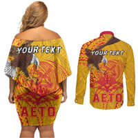 Personalized American Samoa Fautasi Race Couples Matching Off Shoulder Short Dress and Long Sleeve Button Shirt Aeto Pago Pago with Eagle Samoan Tribal Patterns LT03 - Polynesian Pride