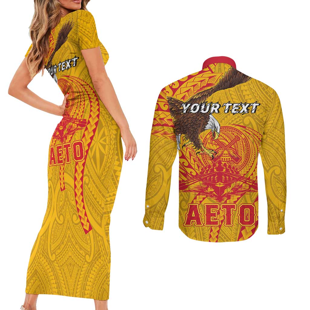 Personalized American Samoa Fautasi Race Couples Matching Short Sleeve Bodycon Dress and Long Sleeve Button Shirt Aeto Pago Pago with Eagle Samoan Tribal Patterns LT03 - Polynesian Pride