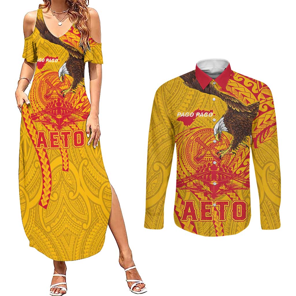 Personalized American Samoa Fautasi Race Couples Matching Summer Maxi Dress and Long Sleeve Button Shirt Aeto Pago Pago with Eagle Samoan Tribal Patterns LT03 Multicolor - Polynesian Pride