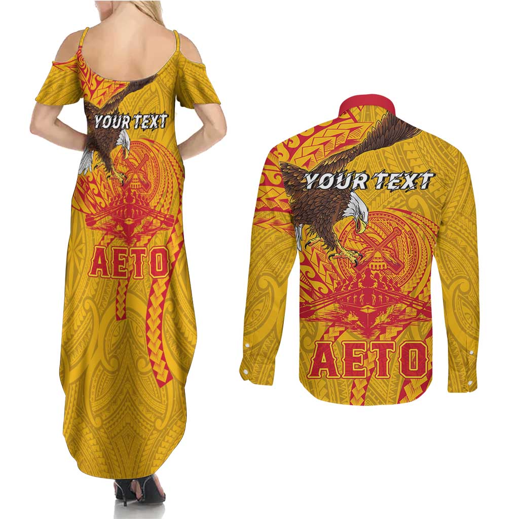 Personalized American Samoa Fautasi Race Couples Matching Summer Maxi Dress and Long Sleeve Button Shirt Aeto Pago Pago with Eagle Samoan Tribal Patterns LT03 - Polynesian Pride
