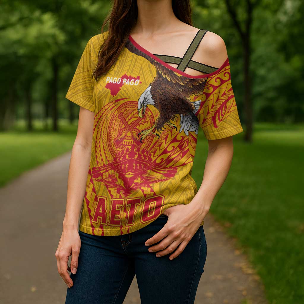 Personalized American Samoa Fautasi Race Cross Shoulder Shirt Aeto Pago Pago with Eagle Samoan Tribal Patterns LT03 - Polynesian Pride