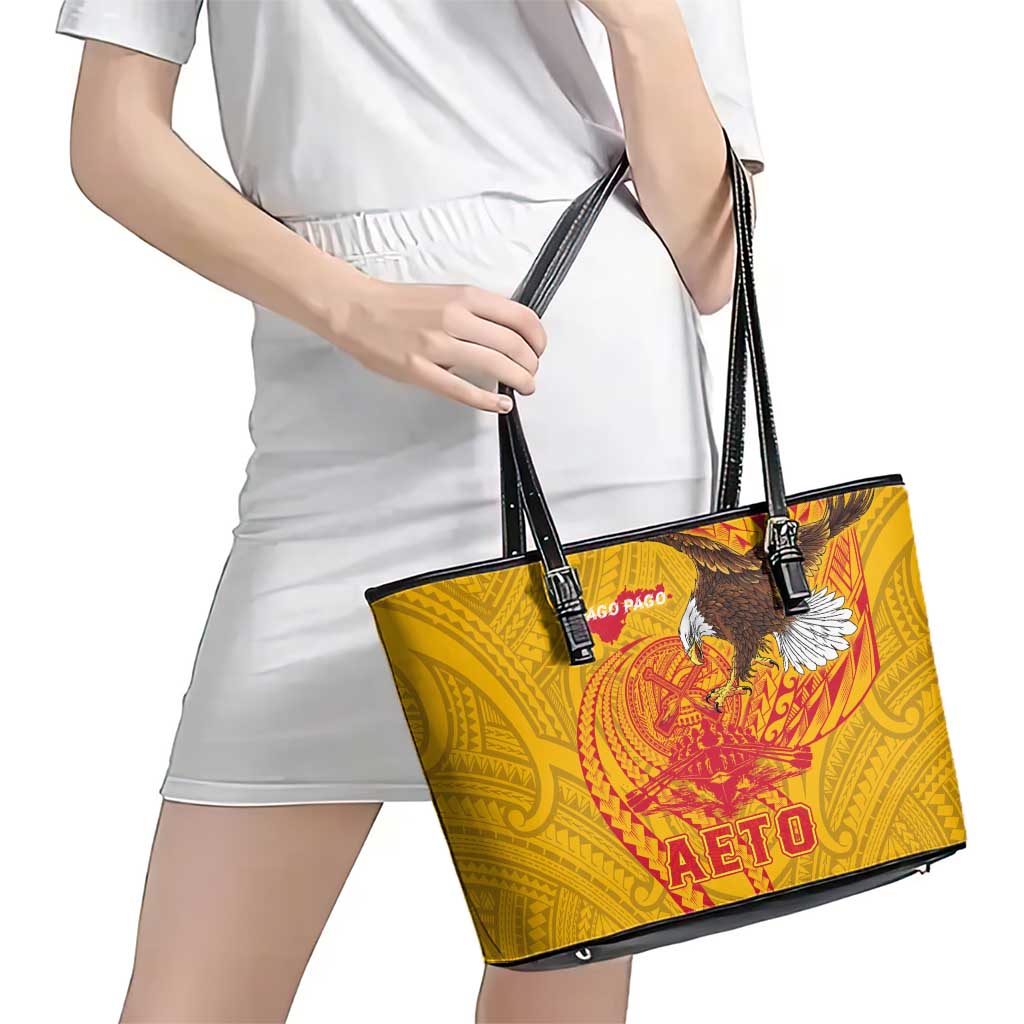 American Samoa Fautasi Race Leather Tote Bag Aeto Pago Pago with Eagle Samoan Tribal Patterns LT03 - Polynesian Pride