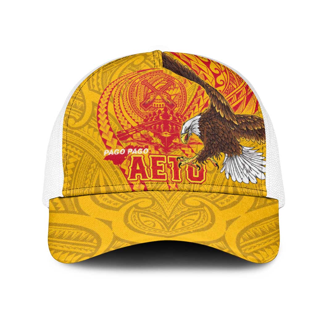 American Samoa Fautasi Race Mesh Trucker Cap Aeto Pago Pago with Eagle Samoan Tribal Patterns