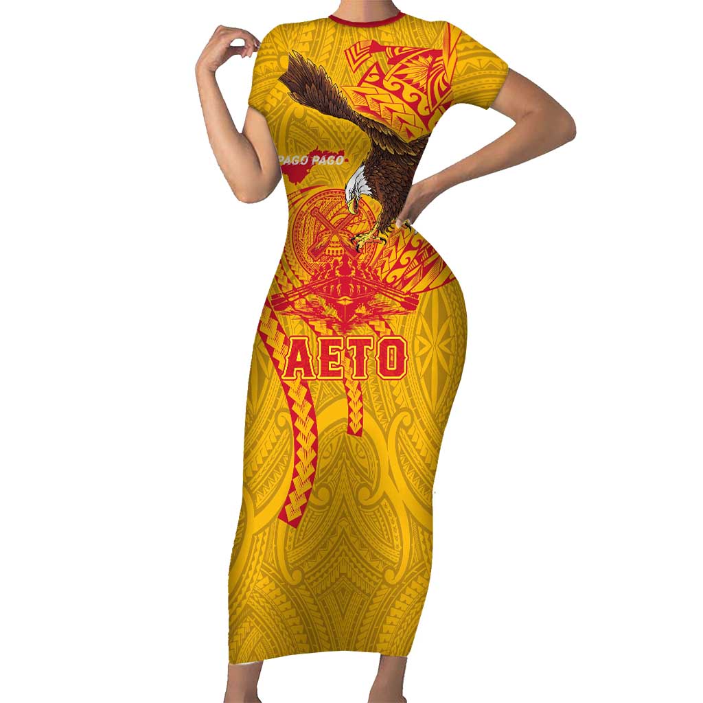 Personalized American Samoa Fautasi Race Short Sleeve Bodycon Dress Aeto Pago Pago with Eagle Samoan Tribal Patterns LT03 Long Dress Multicolor - Polynesian Pride