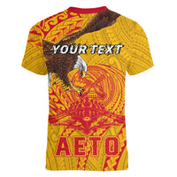 Personalized American Samoa Fautasi Race Women V-Neck T-Shirt Aeto Pago Pago with Eagle Samoan Tribal Patterns LT03 - Polynesian Pride