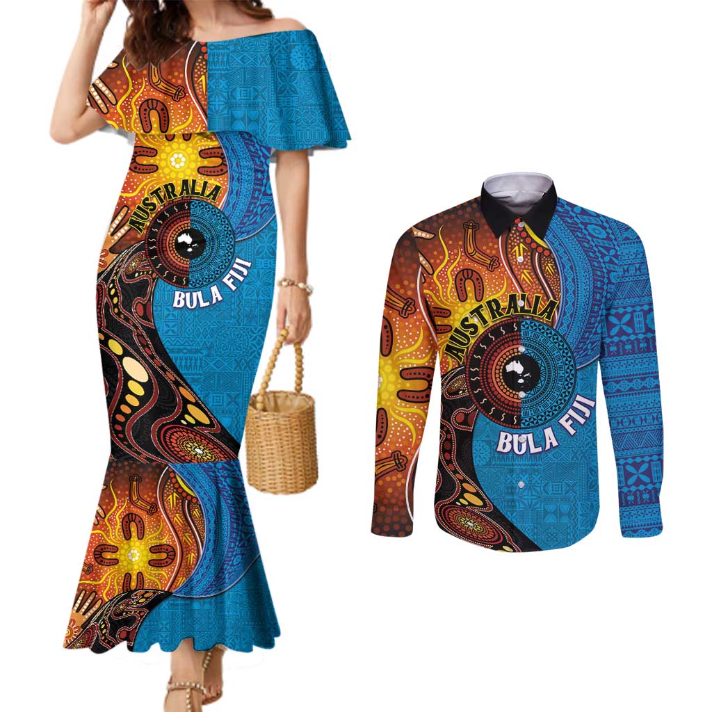 Fiji and Australia Together Couples Matching Mermaid Dress and Long Sleeve Button Shirt Tapa Tribal Tattoo mix Aboriginal Pattern