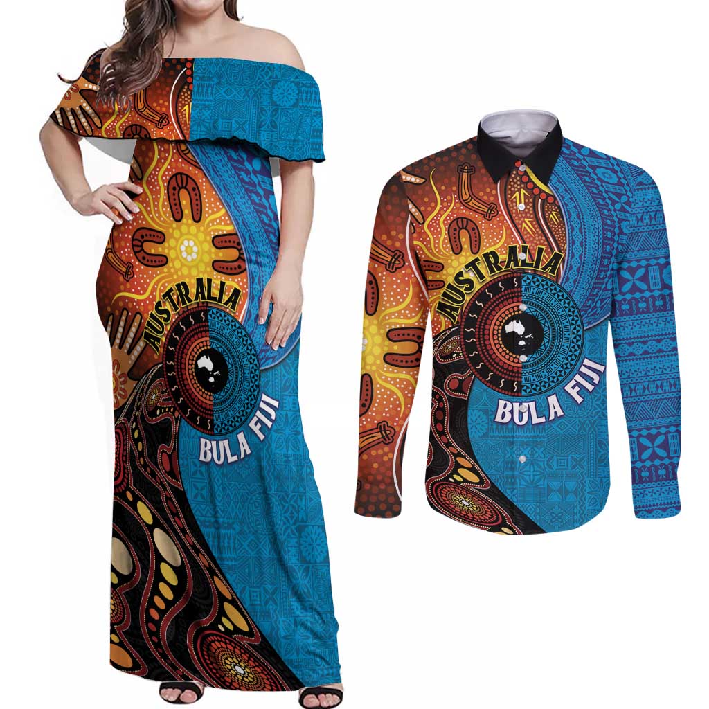 Fiji and Australia Together Couples Matching Off Shoulder Maxi Dress and Long Sleeve Button Shirt Tapa Tribal Tattoo mix Aboriginal Pattern