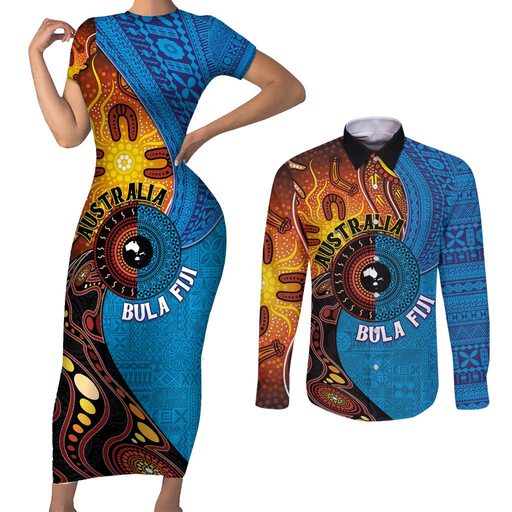 Fiji and Australia Together Couples Matching Short Sleeve Bodycon Dress and Long Sleeve Button Shirt Tapa Tribal Tattoo mix Aboriginal Pattern