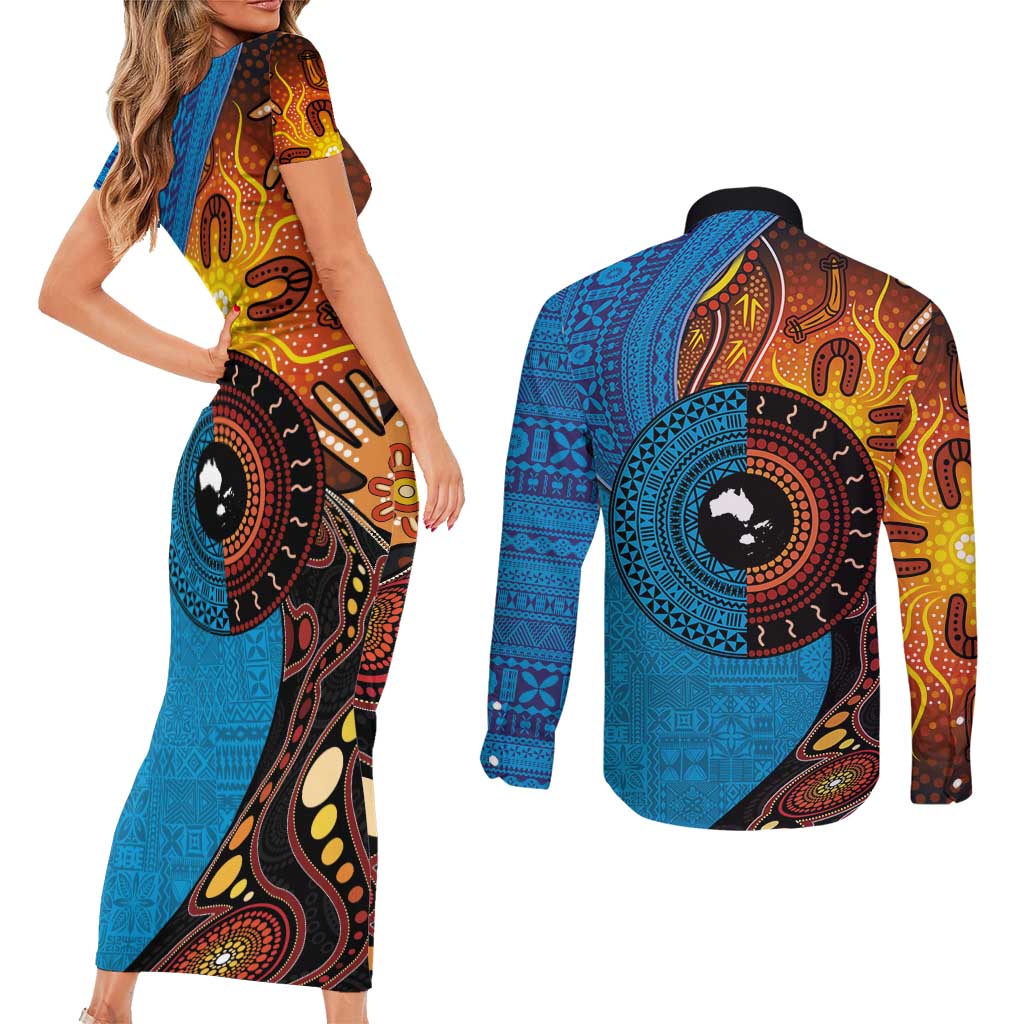 Fiji and Australia Together Couples Matching Short Sleeve Bodycon Dress and Long Sleeve Button Shirt Tapa Tribal Tattoo mix Aboriginal Pattern
