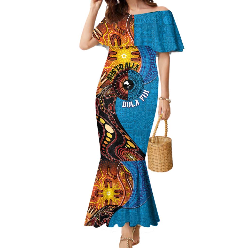 Fiji and Australia Together Family Matching Mermaid Dress and Hawaiian Shirt Tapa Tribal Tattoo mix Aboriginal Pattern