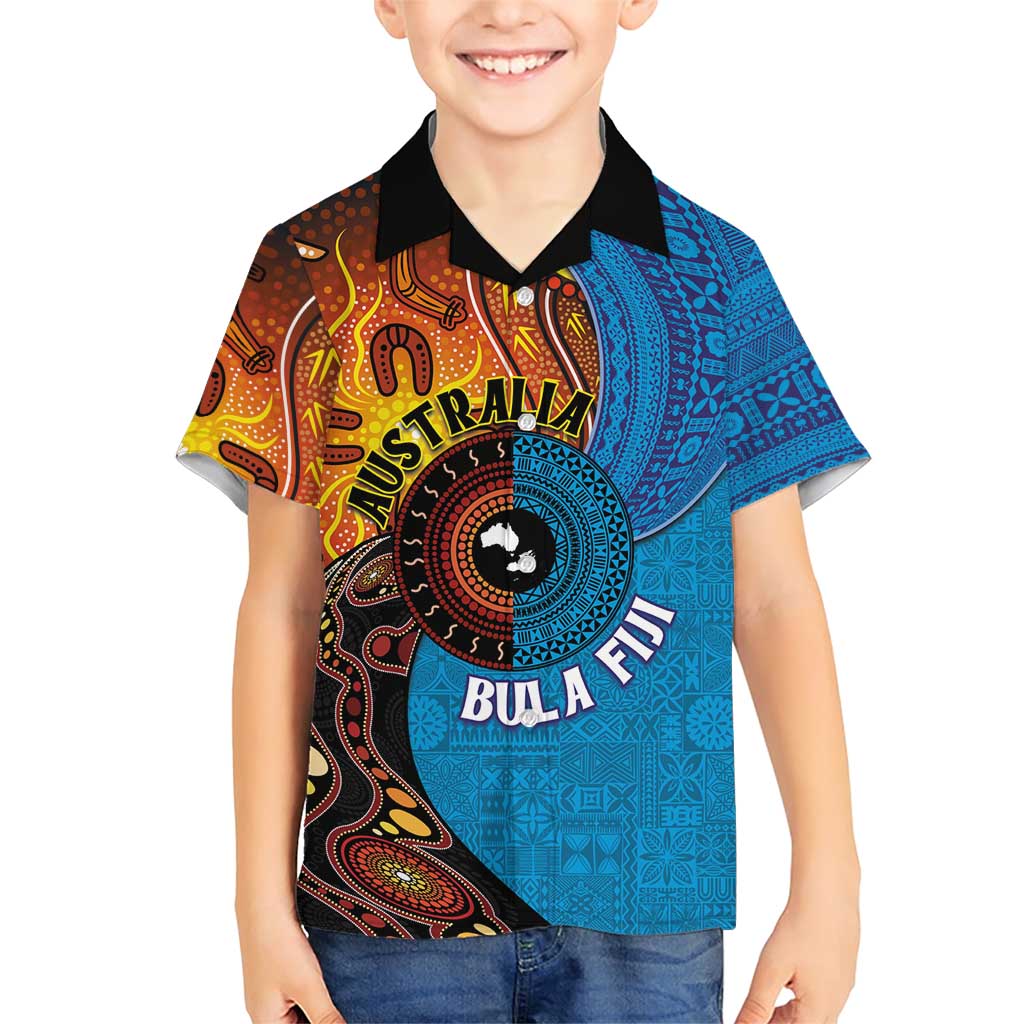 Fiji and Australia Together Family Matching Short Sleeve Bodycon Dress and Hawaiian Shirt Tapa Tribal Tattoo mix Aboriginal Pattern