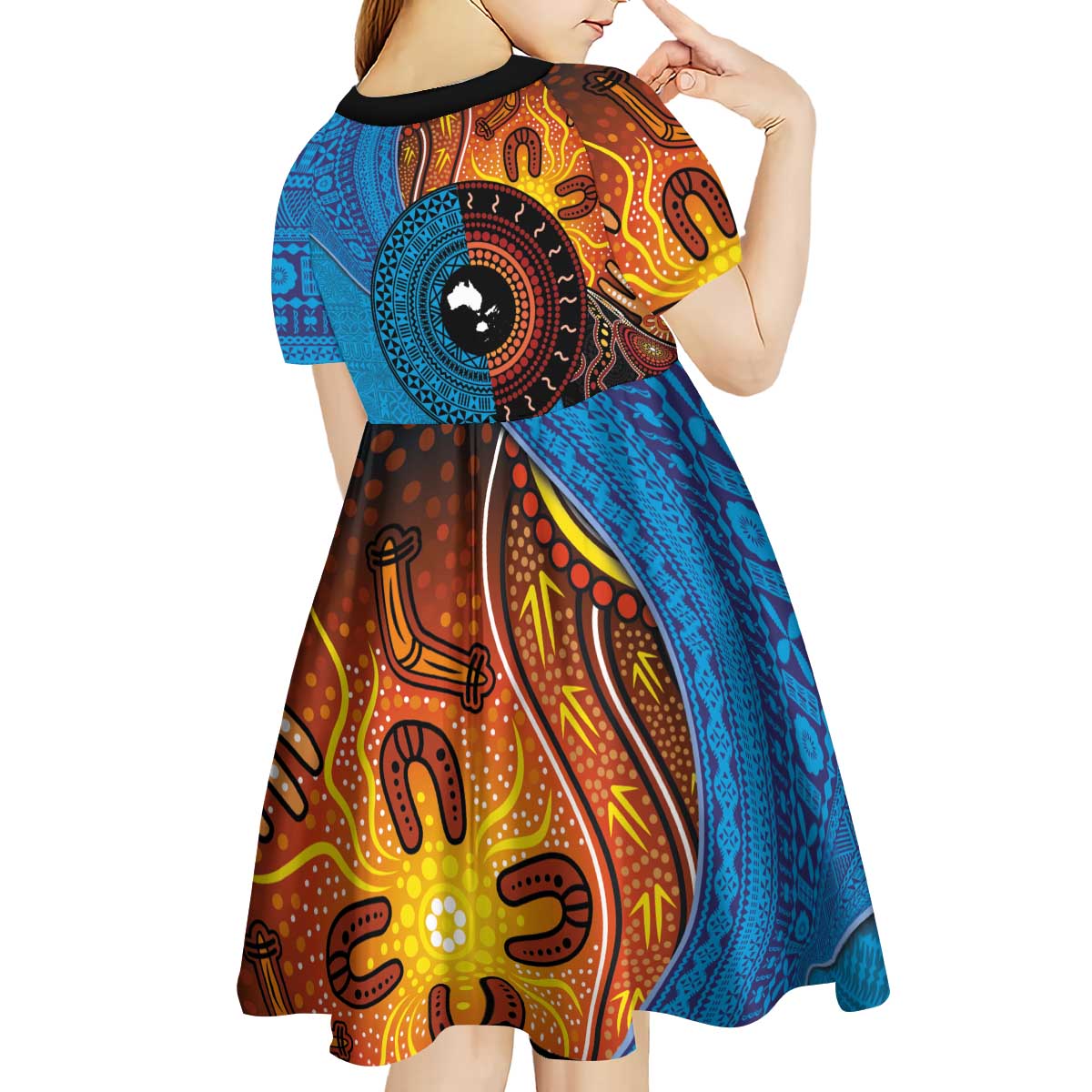 Fiji and Australia Together Kid Short Sleeve Dress Tapa Tribal Tattoo mix Aboriginal Pattern