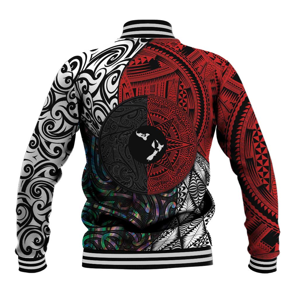 Tonga and New Zealand Together Baseball Jacket Tongan Kupesi Ngatu Tattoo and Maori Paua Shell Pattern