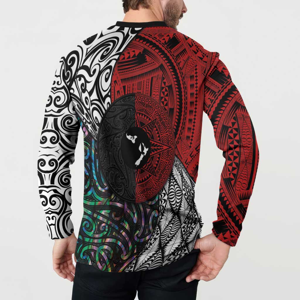 Tonga and New Zealand Together Button Sweatshirt Tongan Kupesi Ngatu Tattoo and Maori Paua Shell Pattern