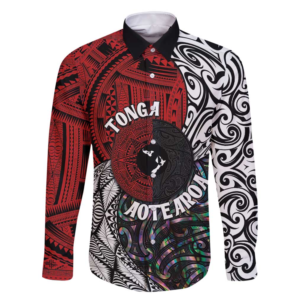 Tonga and New Zealand Together Family Matching Long Sleeve Bodycon Dress and Hawaiian Shirt Tongan Kupesi Ngatu Tattoo and Maori Paua Shell Pattern