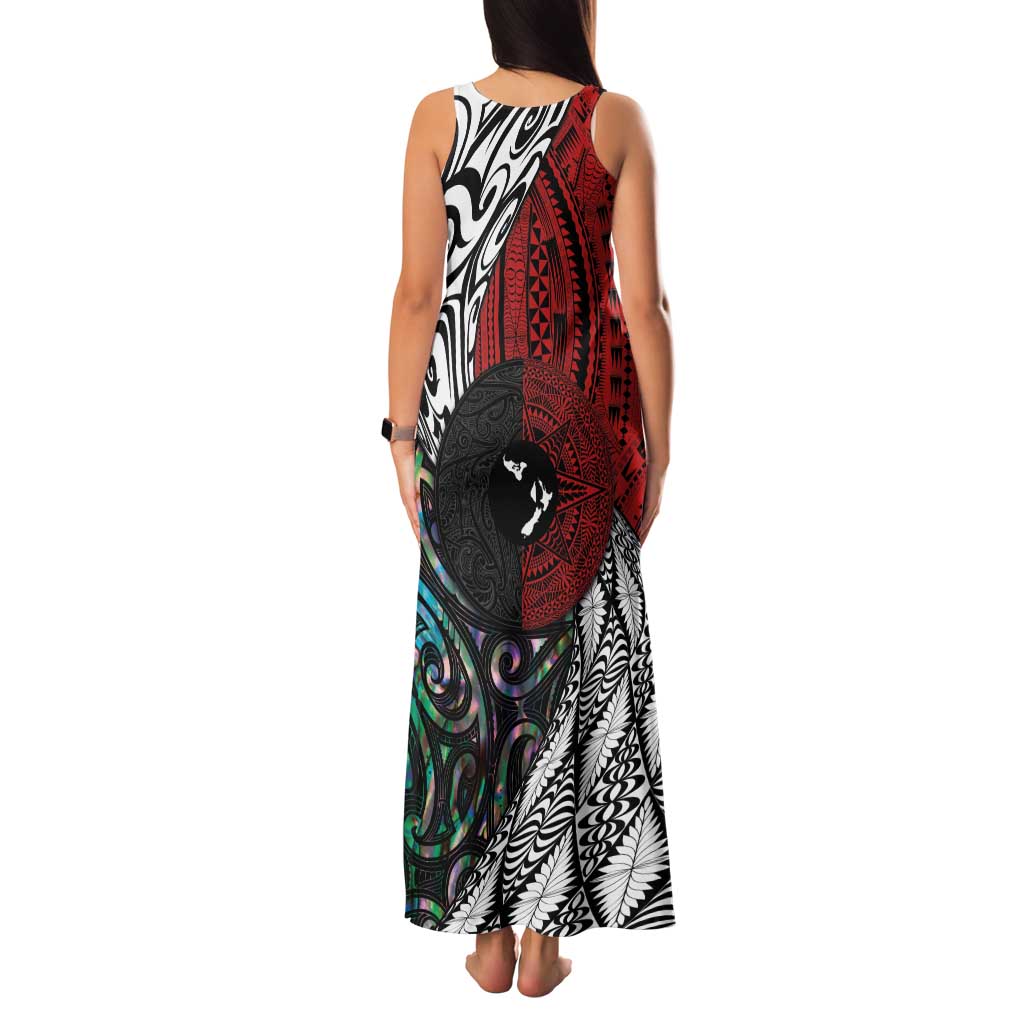 Tonga and New Zealand Together Family Matching Tank Maxi Dress and Hawaiian Shirt Tongan Kupesi Ngatu Tattoo and Maori Paua Shell Pattern