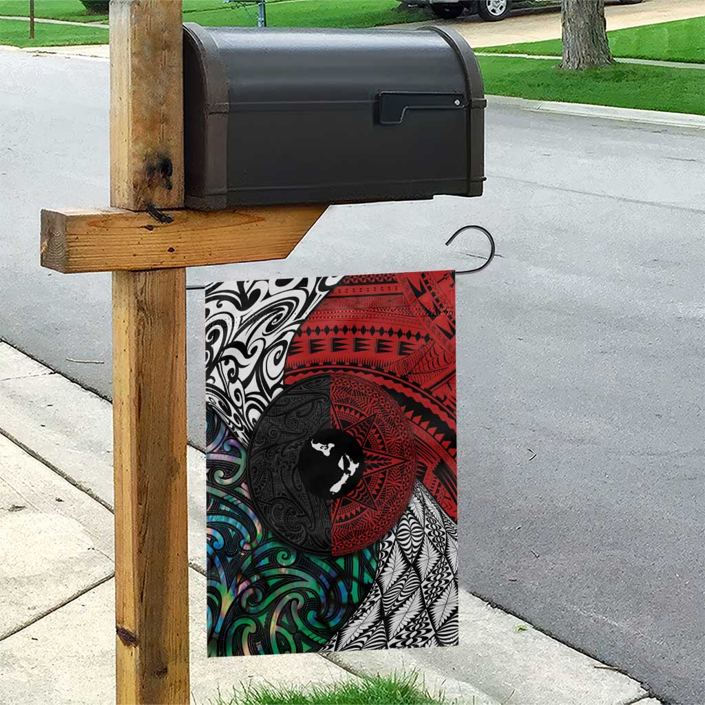 Tonga and New Zealand Together Garden Flag Tongan Kupesi Ngatu Tattoo and Maori Paua Shell Pattern