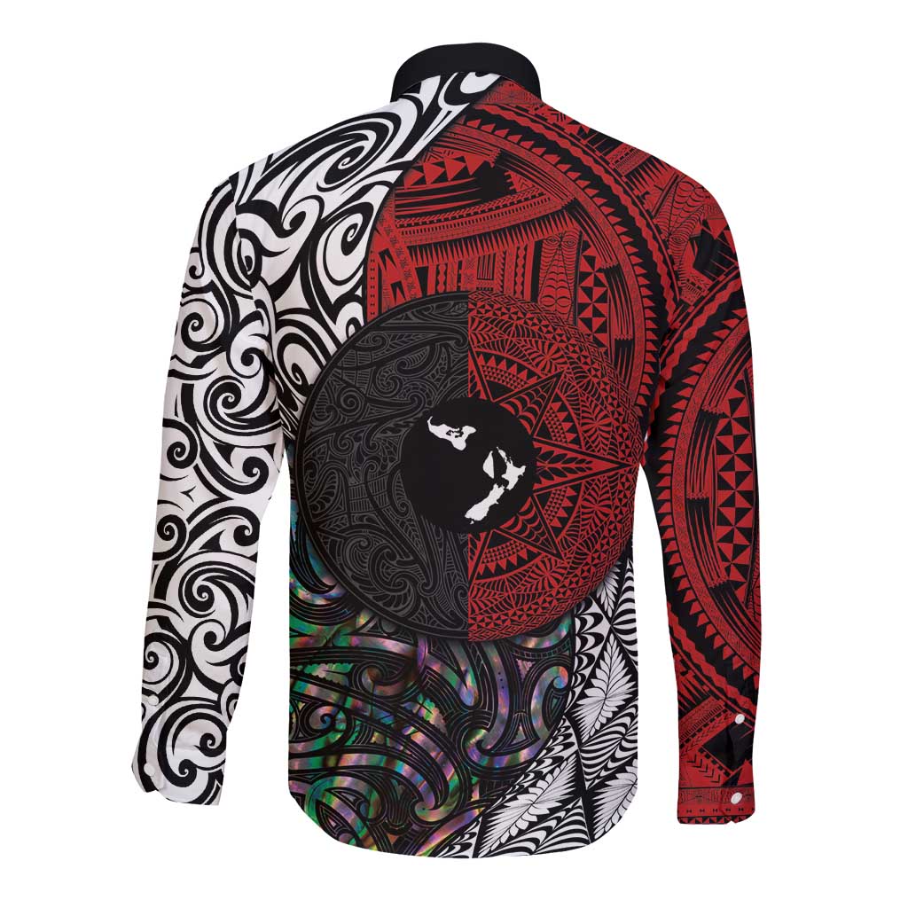 Tonga and New Zealand Together Long Sleeve Button Shirt Tongan Kupesi Ngatu Tattoo and Maori Paua Shell Pattern