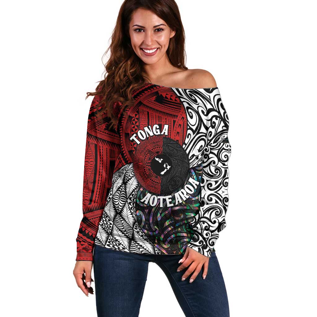 Tonga and New Zealand Together Off Shoulder Sweater Tongan Kupesi Ngatu Tattoo and Maori Paua Shell Pattern