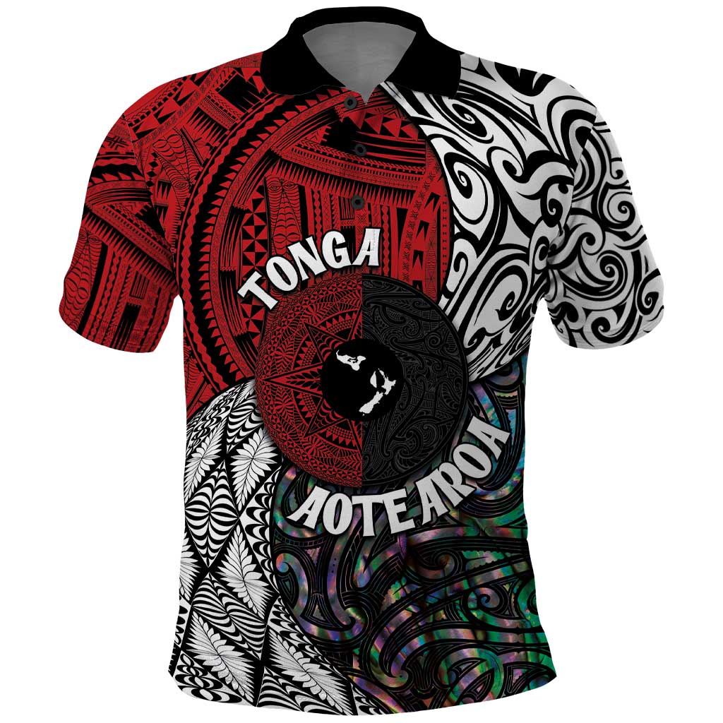 Tonga and New Zealand Together Polo Shirt Tongan Kupesi Ngatu Tattoo and Maori Paua Shell Pattern LT03 Black - Polynesian Pride