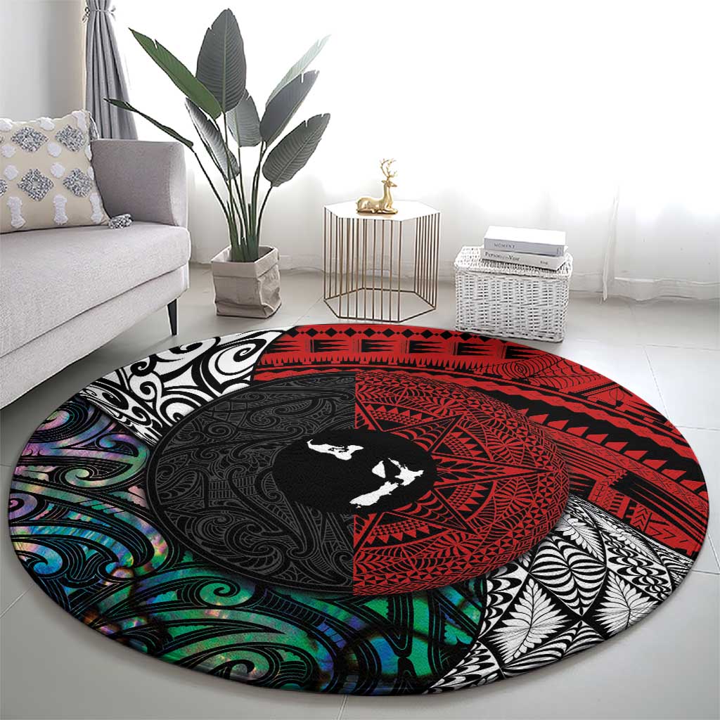Tonga and New Zealand Together Round Carpet Tongan Kupesi Ngatu Tattoo and Maori Paua Shell Pattern