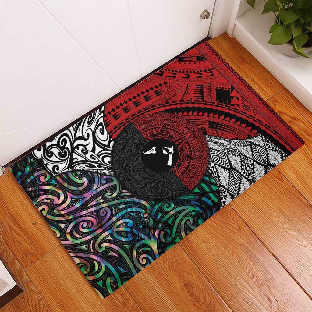 Tonga and New Zealand Together Rubber Doormat Tongan Kupesi Ngatu Tattoo and Maori Paua Shell Pattern