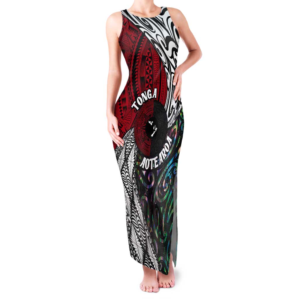 Tonga and New Zealand Together Tank Maxi Dress Tongan Kupesi Ngatu Tattoo and Maori Paua Shell Pattern