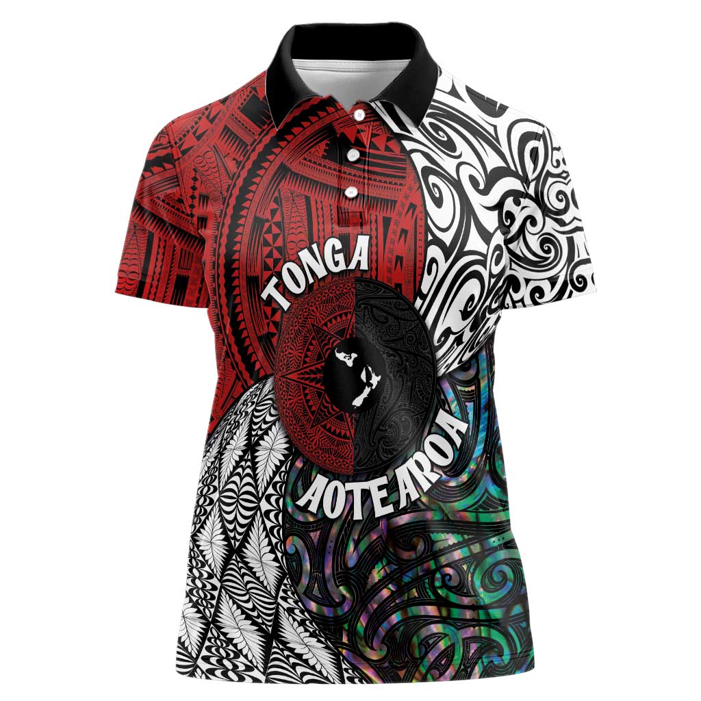 Tonga and New Zealand Together Women Polo Shirt Tongan Kupesi Ngatu Tattoo and Maori Paua Shell Pattern