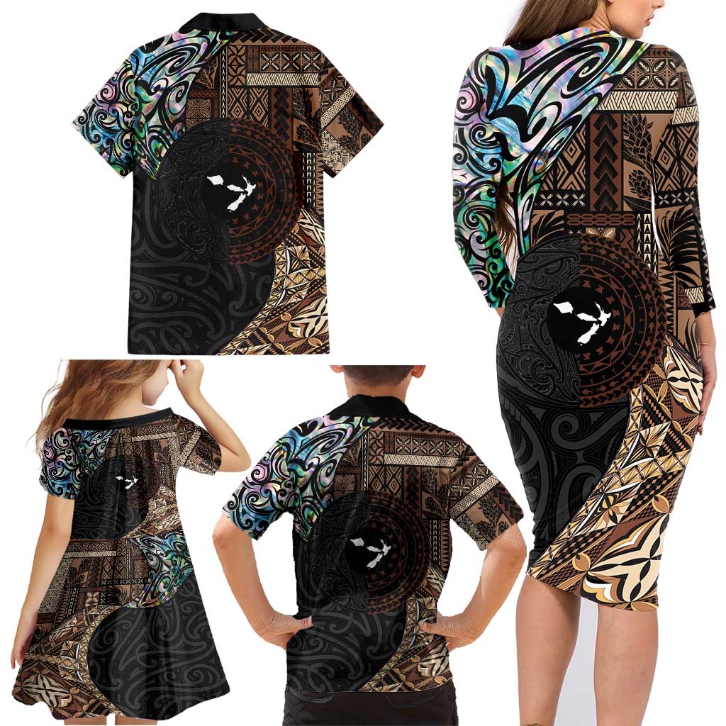 Samoa and New Zealand Together Family Matching Long Sleeve Bodycon Dress and Hawaiian Shirt Siapo Motif and Maori Paua Shell Pattern