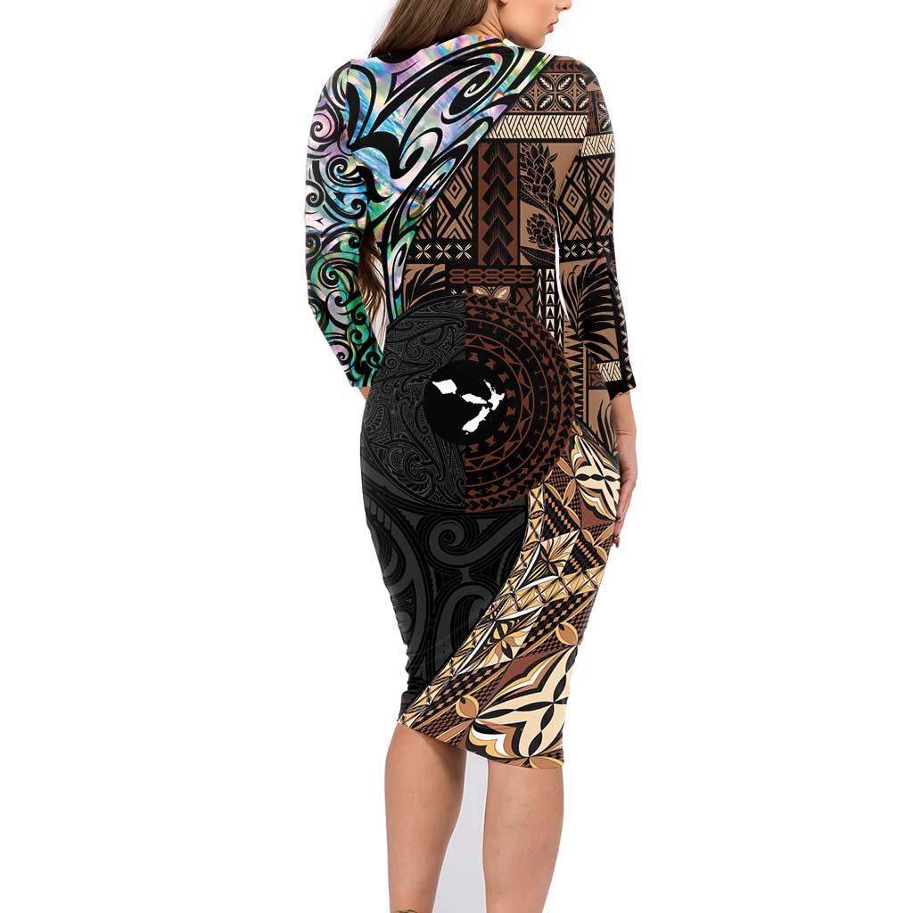 Samoa and New Zealand Together Family Matching Long Sleeve Bodycon Dress and Hawaiian Shirt Siapo Motif and Maori Paua Shell Pattern
