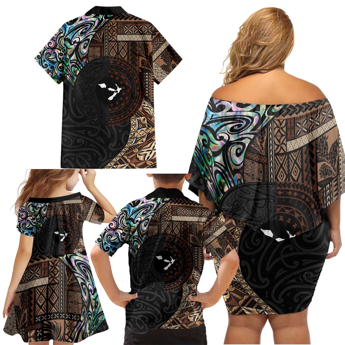 Samoa and New Zealand Together Family Matching Off Shoulder Short Dress and Hawaiian Shirt Siapo Motif and Maori Paua Shell Pattern