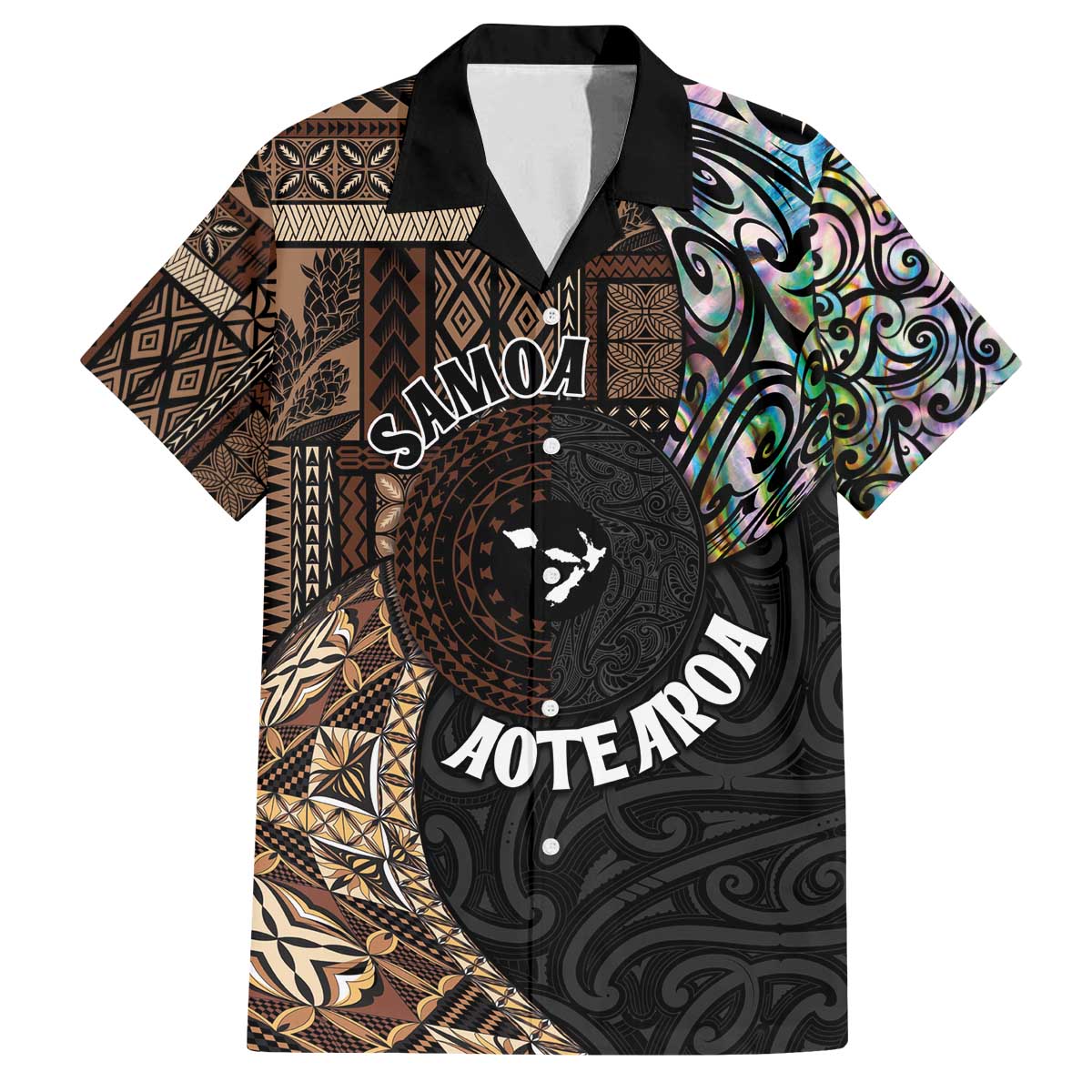 Samoa and New Zealand Together Family Matching Off Shoulder Short Dress and Hawaiian Shirt Siapo Motif and Maori Paua Shell Pattern