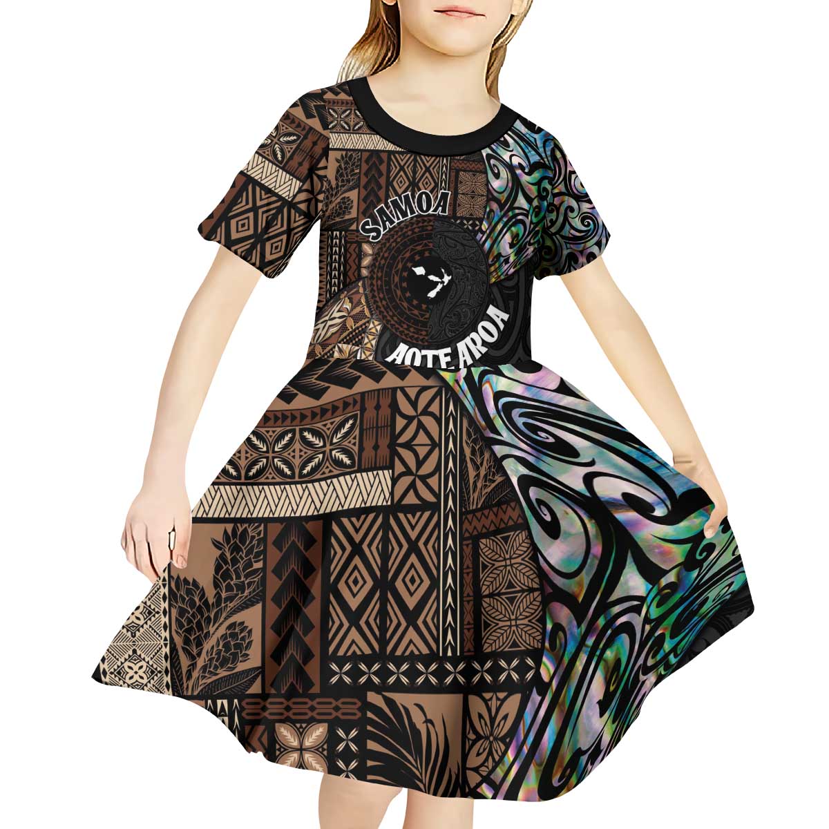Samoa and New Zealand Together Kid Short Sleeve Dress Siapo Motif and Maori Paua Shell Pattern