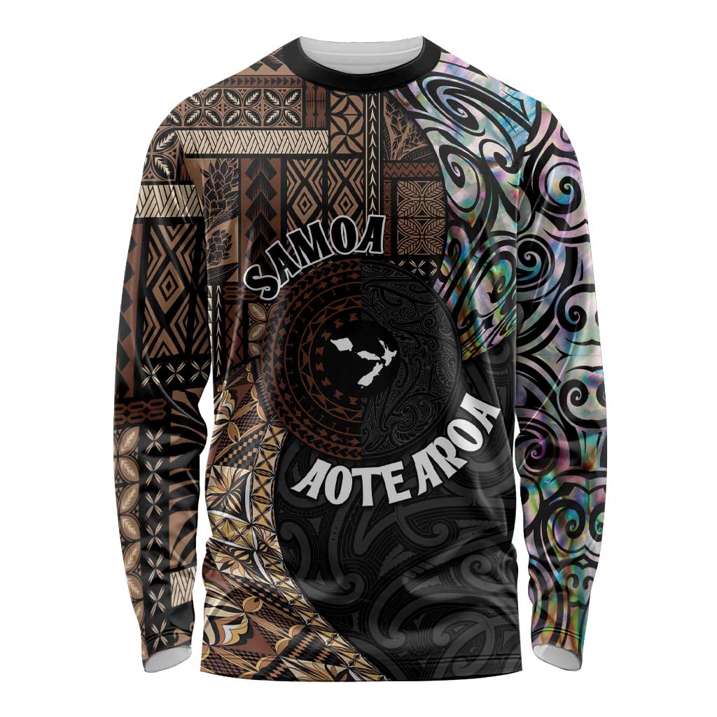 Samoa and New Zealand Together Long Sleeve Shirt Siapo Motif and Maori Paua Shell Pattern