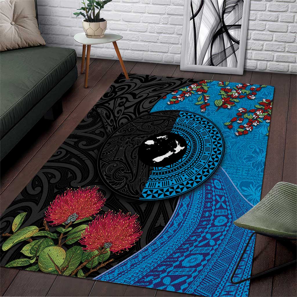 Fiji and New Zealand Together Area Rug Tapa Maori Tattoo mix Tagimoucia and Pohutukawa