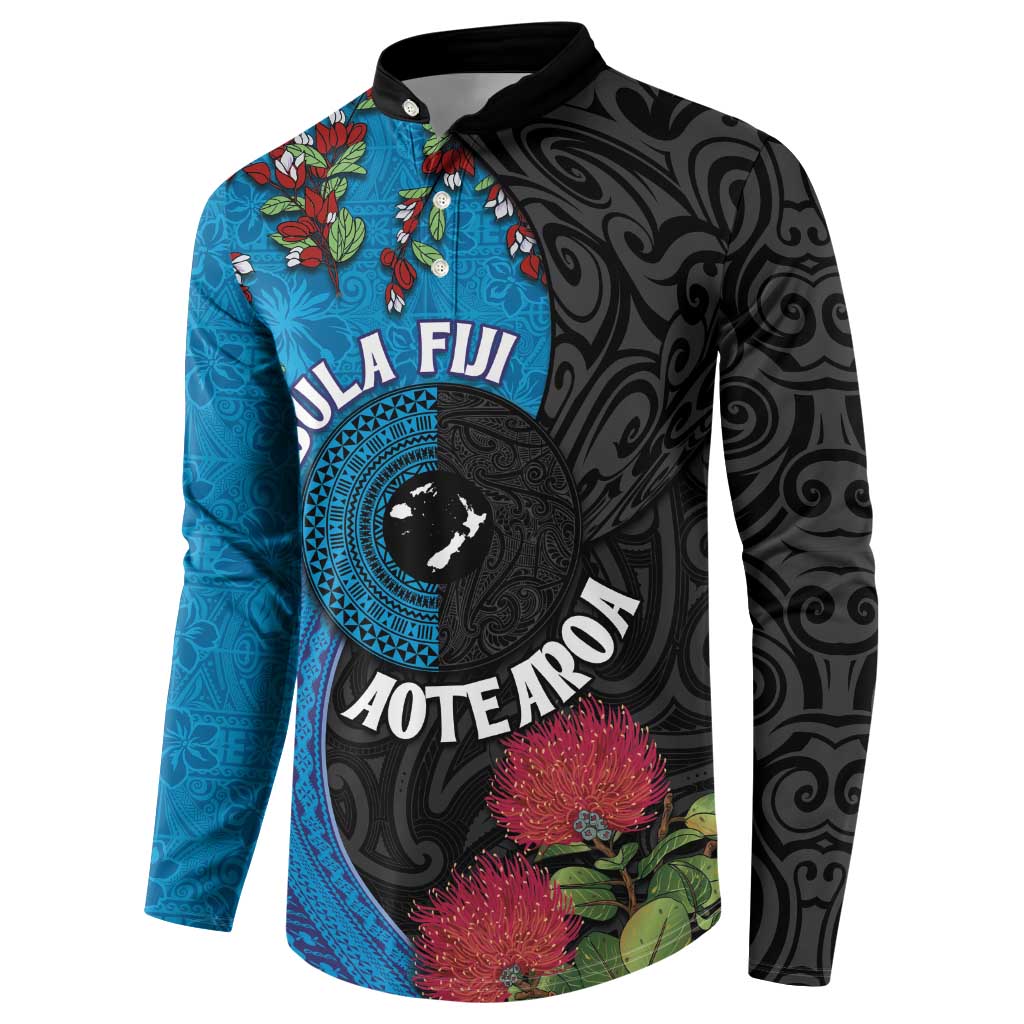 Fiji and New Zealand Together Button Sweatshirt Tapa Maori Tattoo mix Tagimoucia and Pohutukawa