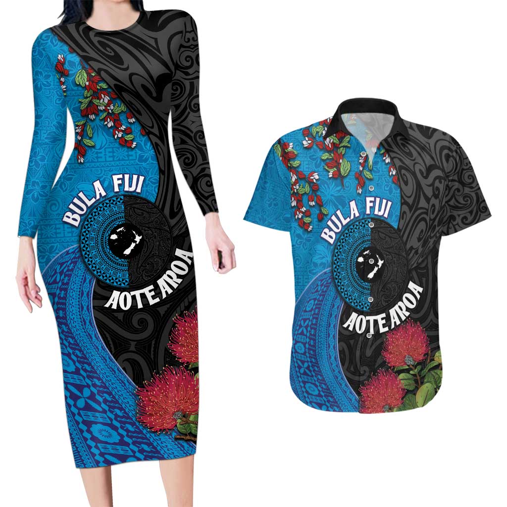 Fiji and New Zealand Together Couples Matching Long Sleeve Bodycon Dress and Hawaiian Shirt Tapa Maori Tattoo mix Tagimoucia and Pohutukawa