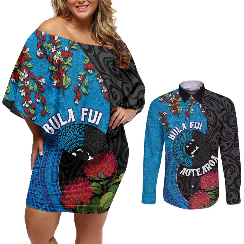 Fiji and New Zealand Together Couples Matching Off Shoulder Short Dress and Long Sleeve Button Shirt Tapa Maori Tattoo mix Tagimoucia and Pohutukawa