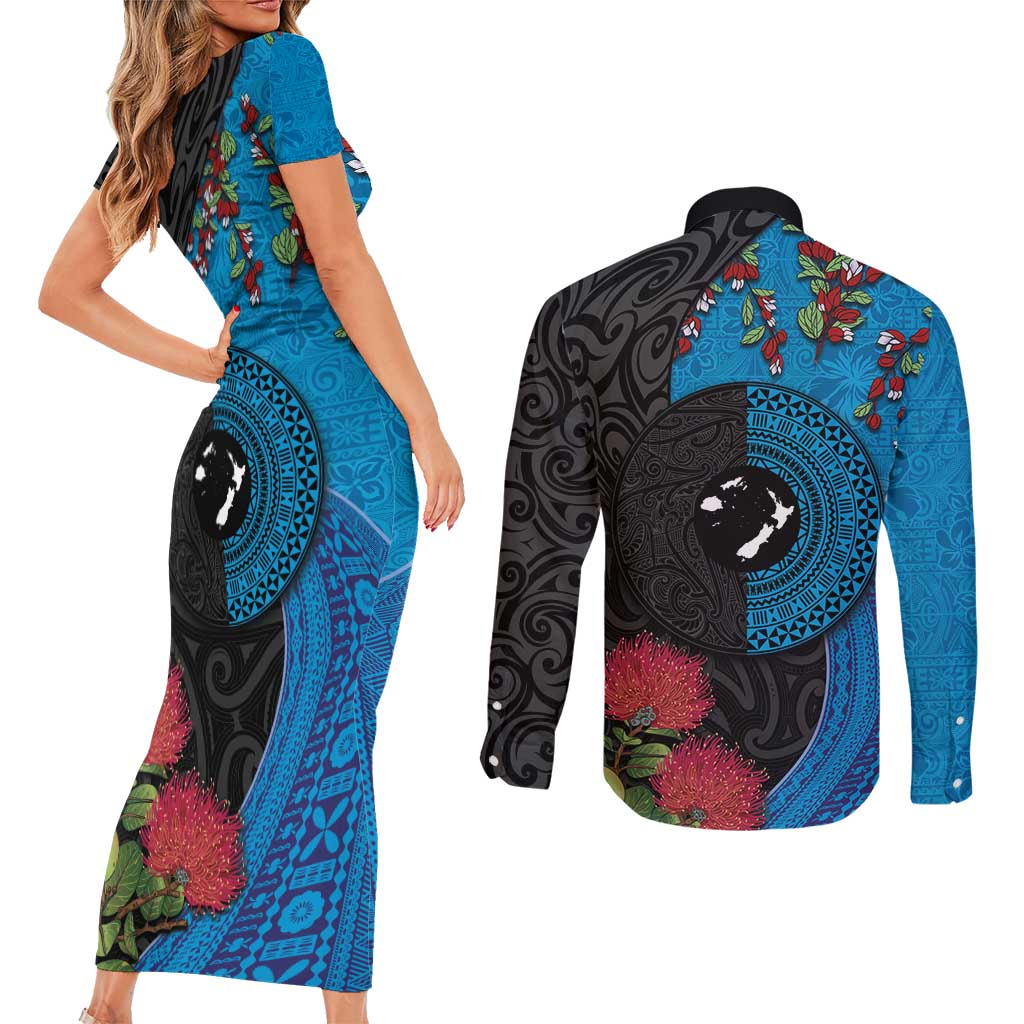 Fiji and New Zealand Together Couples Matching Short Sleeve Bodycon Dress and Long Sleeve Button Shirt Tapa Maori Tattoo mix Tagimoucia and Pohutukawa