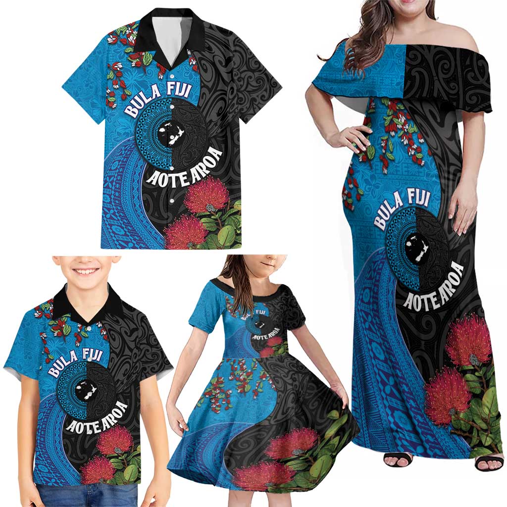 Fiji and New Zealand Together Family Matching Off Shoulder Maxi Dress and Hawaiian Shirt Tapa Maori Tattoo mix Tagimoucia and Pohutukawa