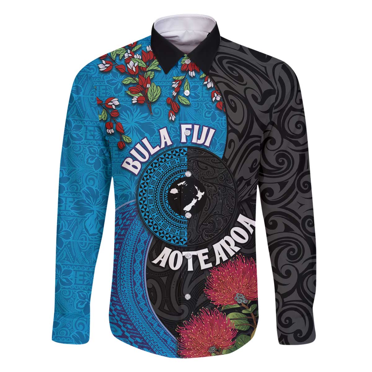 Fiji and New Zealand Together Family Matching Off Shoulder Short Dress and Hawaiian Shirt Tapa Maori Tattoo mix Tagimoucia and Pohutukawa