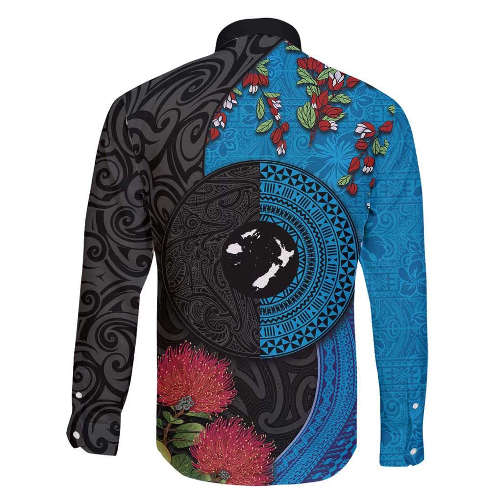 Fiji and New Zealand Together Family Matching Short Sleeve Bodycon Dress and Hawaiian Shirt Tapa Maori Tattoo mix Tagimoucia and Pohutukawa