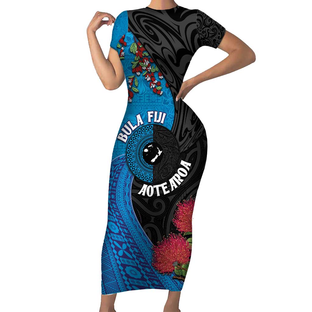Fiji and New Zealand Together Family Matching Short Sleeve Bodycon Dress and Hawaiian Shirt Tapa Maori Tattoo mix Tagimoucia and Pohutukawa