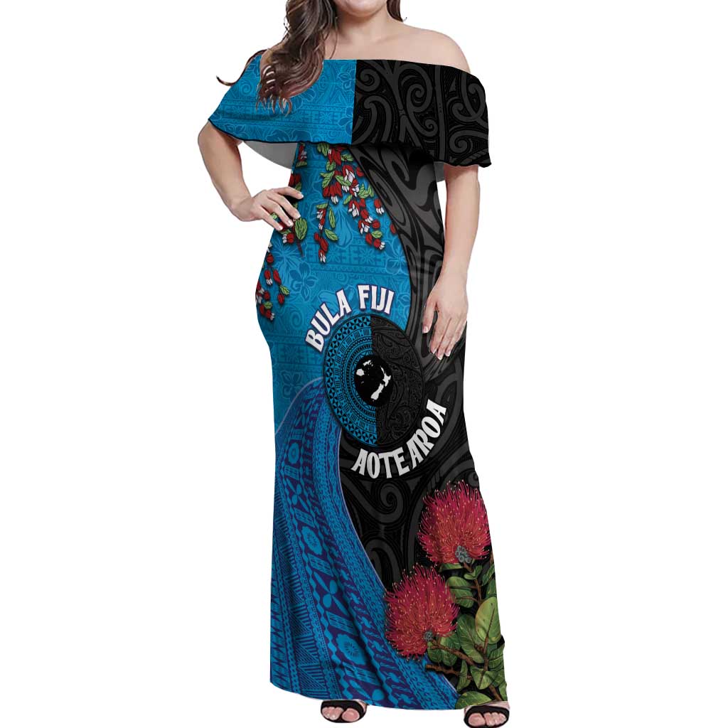 Fiji and New Zealand Together Off Shoulder Maxi Dress Tapa Maori Tattoo mix Tagimoucia and Pohutukawa