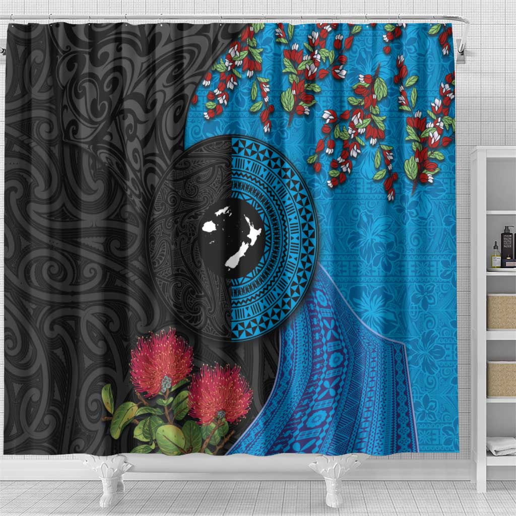 Fiji and New Zealand Together Shower Curtain Tapa Maori Tattoo mix Tagimoucia and Pohutukawa