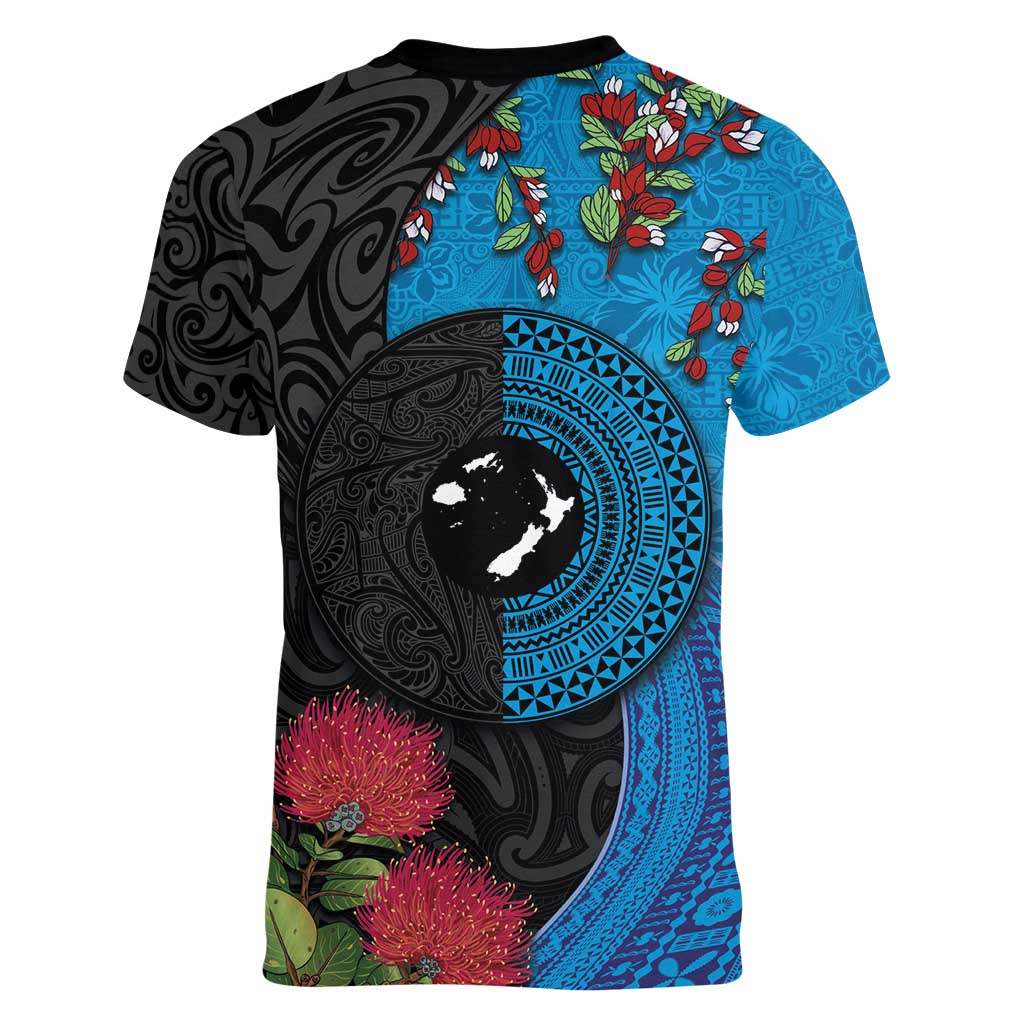 Fiji and New Zealand Together Women V-Neck T-Shirt Tapa Maori Tattoo mix Tagimoucia and Pohutukawa